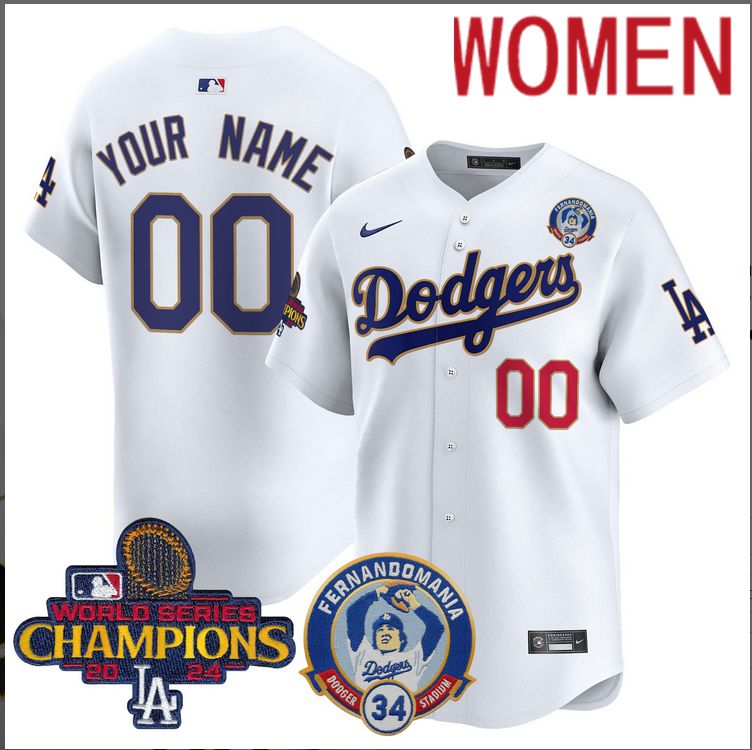 Women MLB Los Angeles Dodgers Custom white 2024 World Series Champions Patch Cooperstown Jersey style11->women mlb jersey->Women Jersey